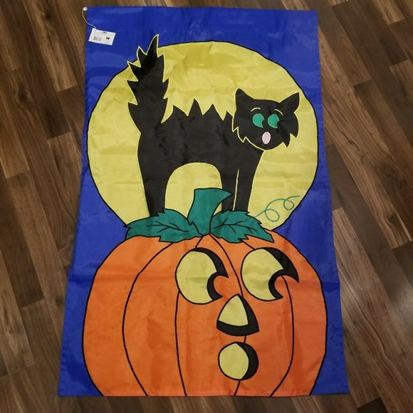 Vintage HALLOWEEN Jack O Lantern BLACK CAT Full Moon Garden Flag NWT House Decor - Picture 2 of 12
